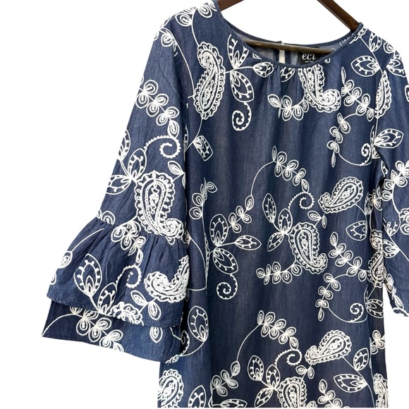 ECI Dresses & Skirts - ECI Cotton Denim Embroidered Bell Sleeve Sheath Dress | Size 8